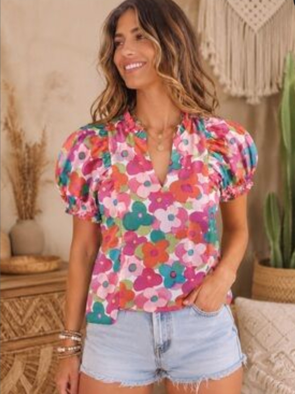 THML Retro Floral Puff Sleeve Top Linen Blend Size Large Relaxed Fit Vacation